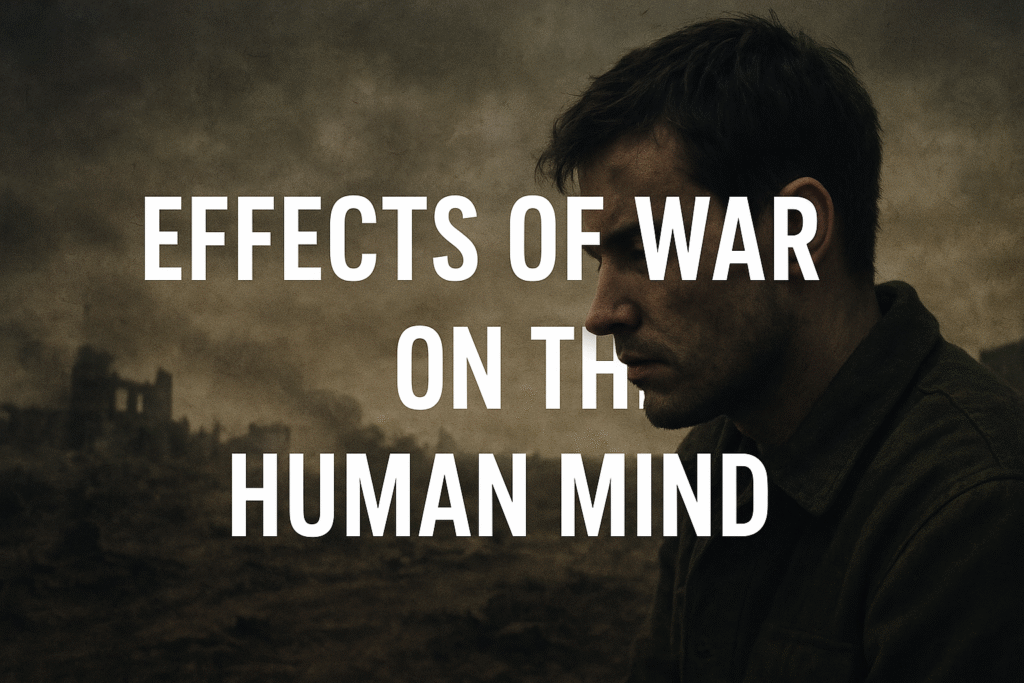 A soldier lost in thought on a battlefield showing the emotional and psychological effects of war on the human mind.